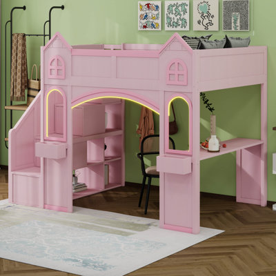Lit mezzanine double pleine grandeur avec bureau et espace de jeu sous le lit, structure de lit mezzanine en bois avec escalier de rangement et éclairage