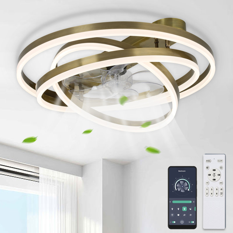 24" Flush Mount Ceiling Fan with Adjustable Dimmable LED Light Kit Remote , Bronze