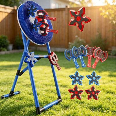 Ensemble de jeu de lancer de hache pour enfants, support de cible collante pliable avec 4 haches de lancer et 4 fléchettes Ninja Star, jeu de cible de hache en mousse sécuritaire pour les jeux de cour, de pelouse et d'intérieur extérieur