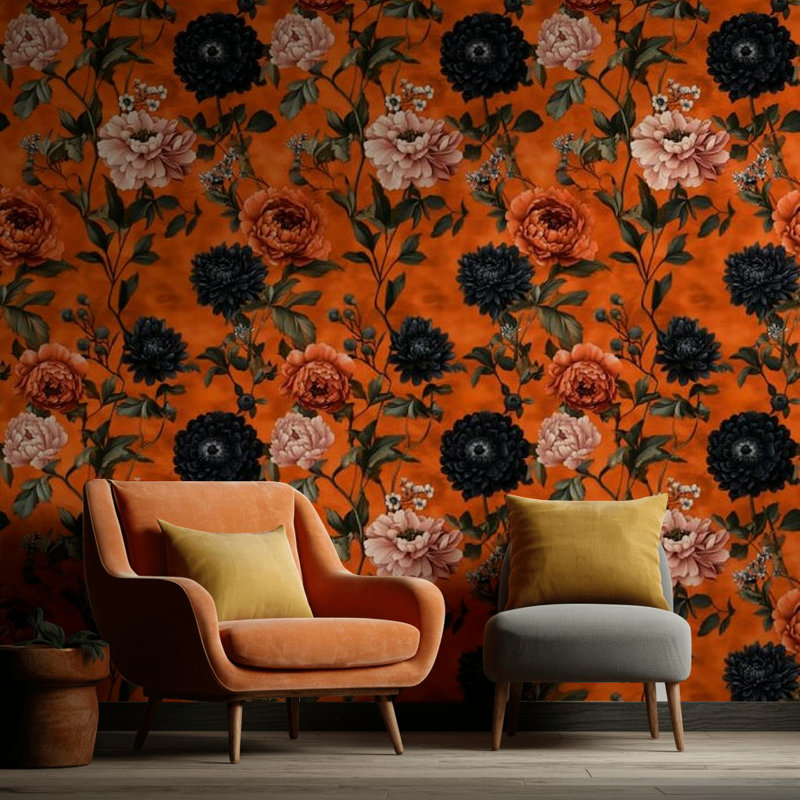 Rouleau de papier peint à motif floral orange audacieux et pivoines noires Dahlias