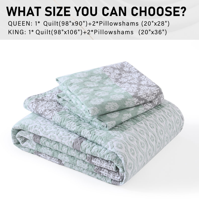 Gray and Green Reversible Cotton Queen Quilt Set