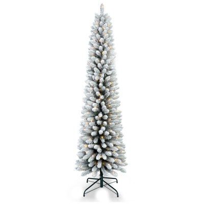 Arbre de Noël 5 pi avec 100 lumières DEL blanc chaud - Arbre en PVC mince enneigé avec 263 pointes, support en métal, conception compacte, facile à installer