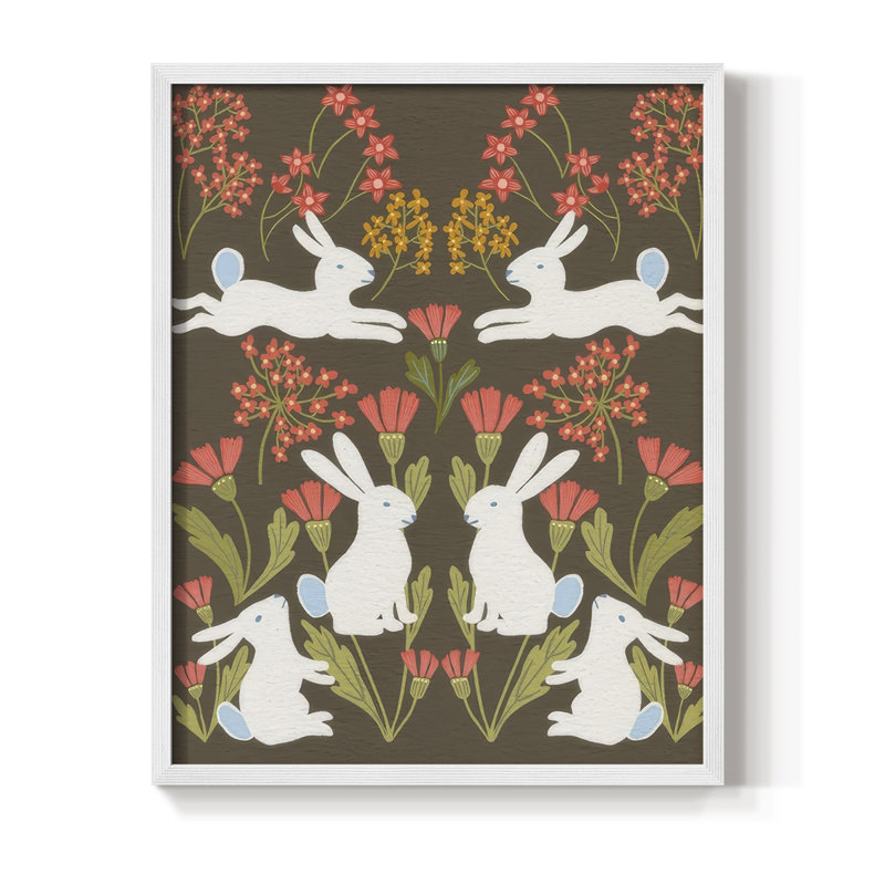 «Folk Flower and Rabbit II», reproduction encadrée - bois massif, H 15 po x l 12 po, Blanc