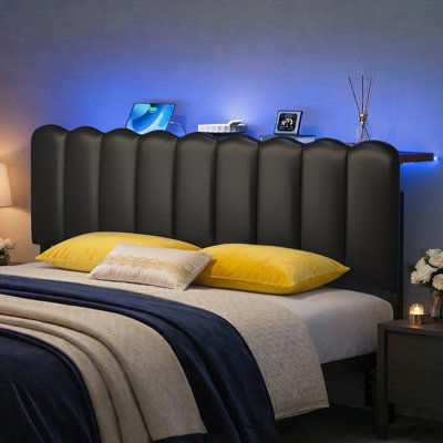 Tête de lit tapissier très grand en polyuréthane avec lumières DEL, hauteur réglable pour matelas de 8 à 14 pouces, pieds en métal