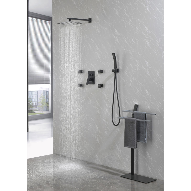 Shower System, 10-Inch Matte Black Full Body Shower System With Body Jets, Square Rainfall Shower Head, Handheld Shower, And 3 Functions Pressure Balance Shower Valve, Bathroom Luxury Faucet Set