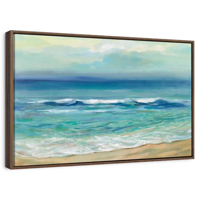 Lever de soleil au bord de la mer serein, 19 po x 13 po, Cadre flottant noyer