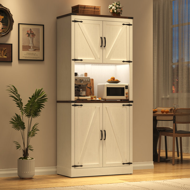 72" Kitchen Pantry With LED Light, Power Outlet And Shelves At Doors., White