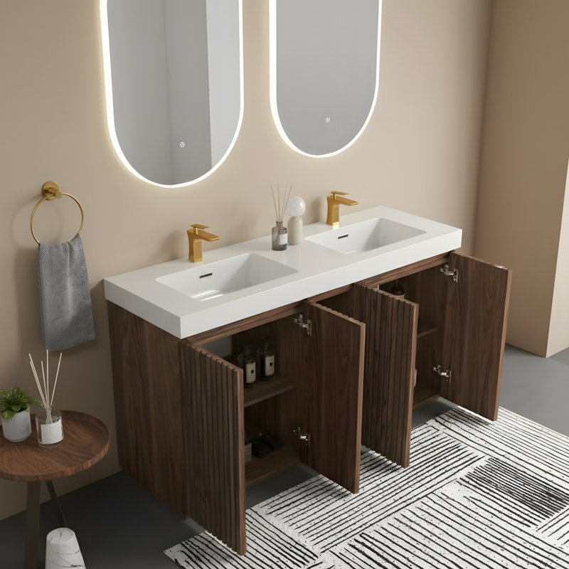 Grand lavabo de salle de bain indépendant, lavabo blanc intégré, Noyer brun, Blanc