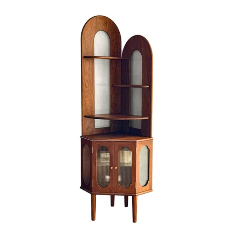 Vitrine de coin rétro en bois de style Mid-Century avec plateau arqué