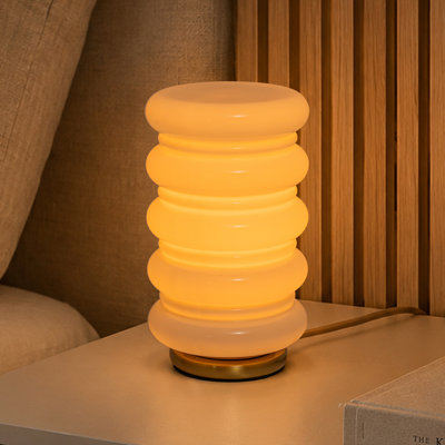 Modern Stacked Opal Glass Table Lamp in Warm Brass, Sculptural Accent Lighting for Bedroom and Living Room