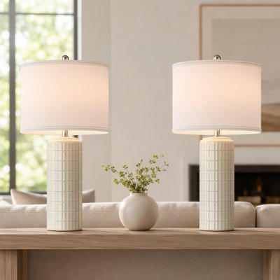  23" Modern Decorative Ceramic Table Lamp with Textured Finish and Linen Shade Perfect for Bedroom, Living Room or Nightstand