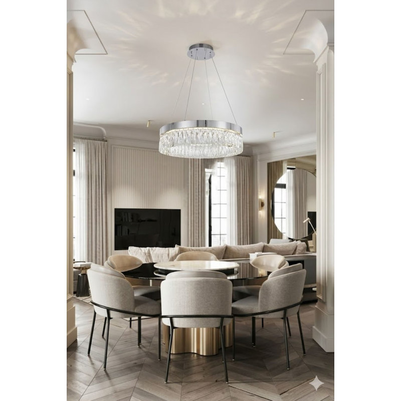 Lustre rond en cristal transitionnel à DEL, Chrome, H 24 po x l 12 po x P 12 po
