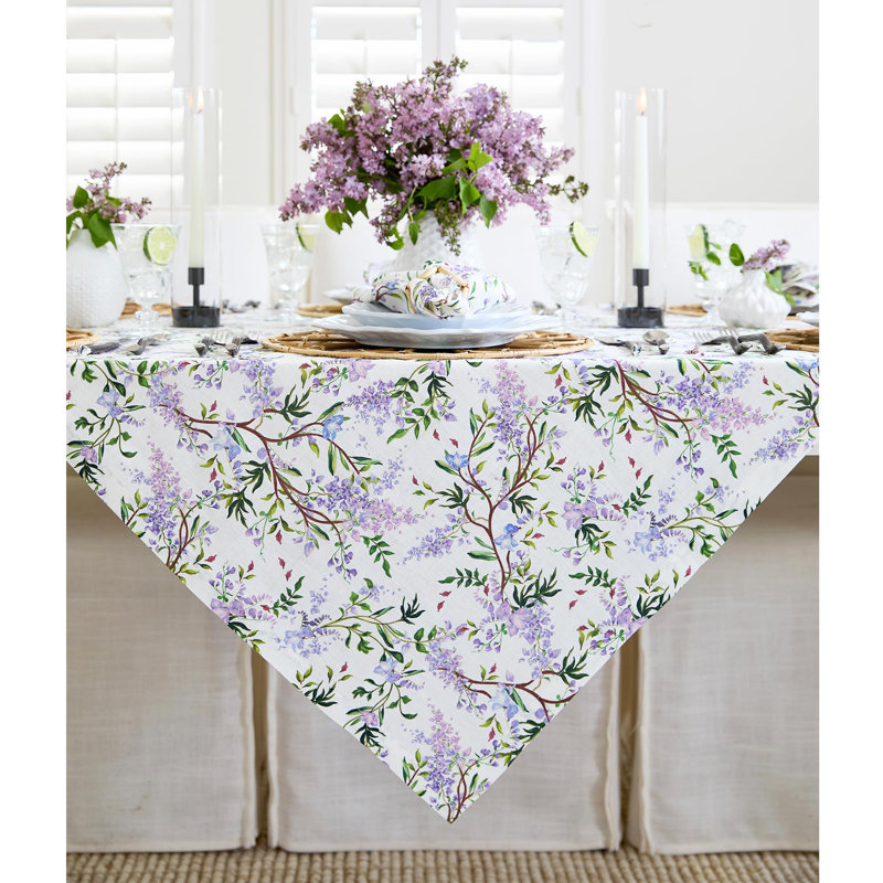 Print -100% Pure Linen Table Throw, Lilacs/White Floral