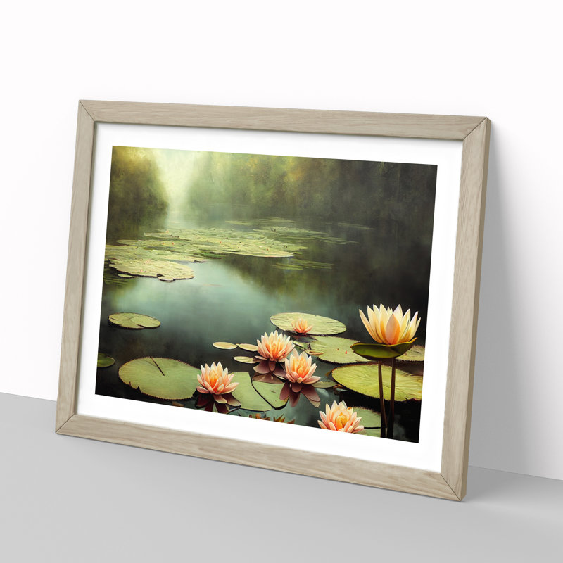 Misty Water Lily Pond - Framed Print, 25cm H x 34cm W, Oak Framed