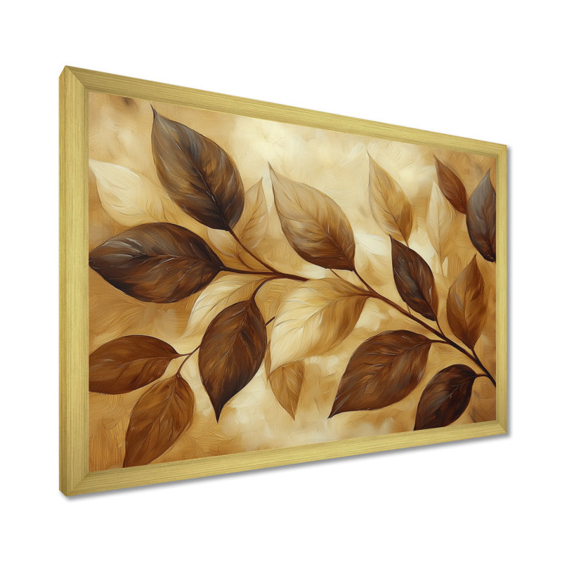 Irmengard chocolat brun feuilles de paysage I - feuilles, art mural sur toile, H 16 po x l 32 po, Cadre flottant, Doré