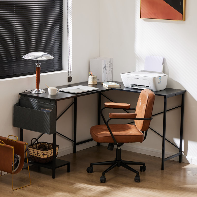 Hussan L-Shaped Metal Base Computer Desk, Black Stand