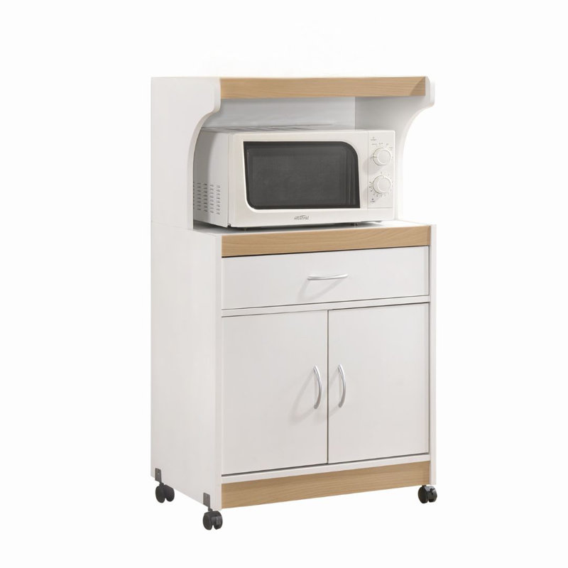 Rolling Kitchen Cart with  Microwave Shelf, Utensil Drawer, Interior Cabinet Storage Space and Locking Wheels, White