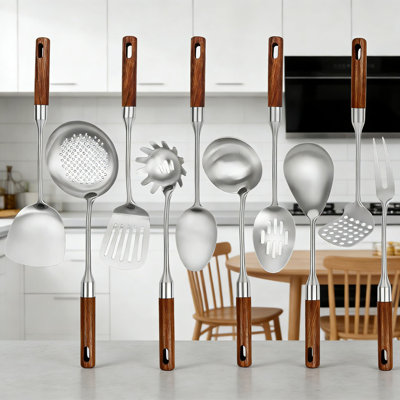 10-Piece Stainless Steel Kitchen Utensil Set With Wooden Handles - Professional Heat-Resistant Cooking Tools For Saute, Stir Fry, And Baking