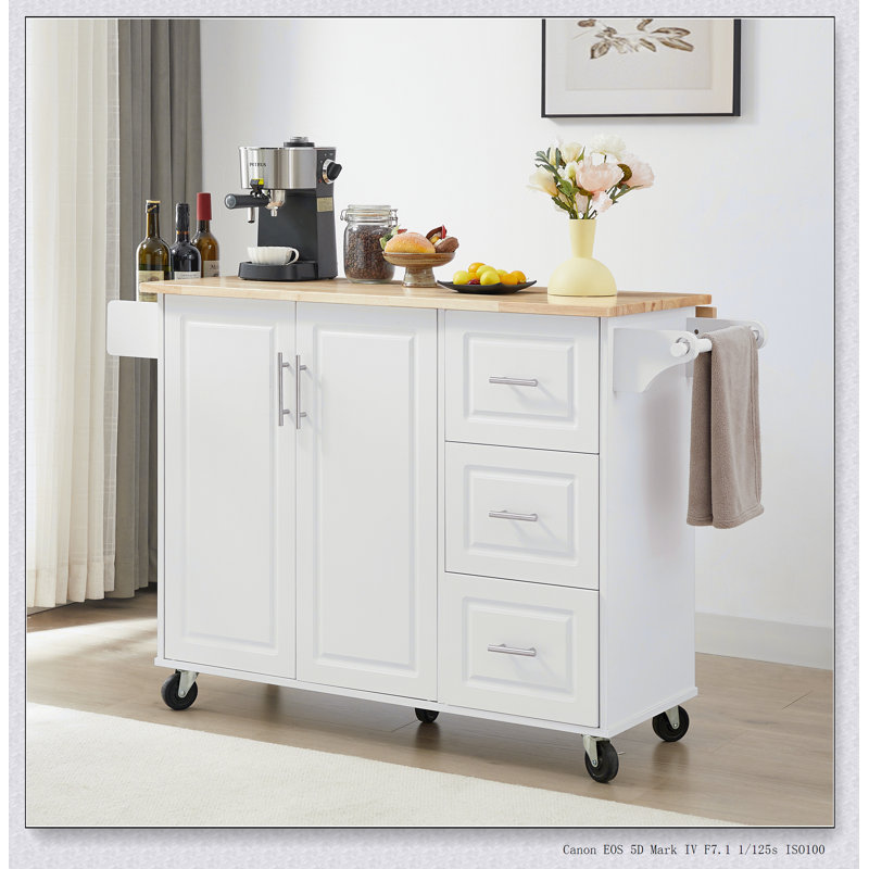 Kitchen Island with Drop Leaf Countertop, Kitchen Island Cart, Barn Door Kitchen Island Table, White