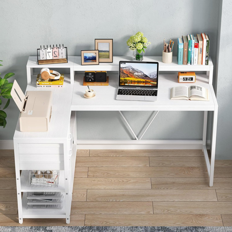 Bureau d'ordinateur en forme de L réversible avec support pour écran, Blanc