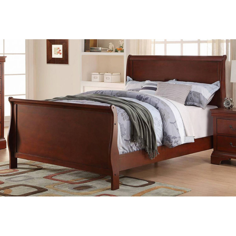 1Pc Bed Sleigh Design HB FB Plywood 1Pc Bedframe Dark Cherry Phillippe Bedroom Furniture, Twin