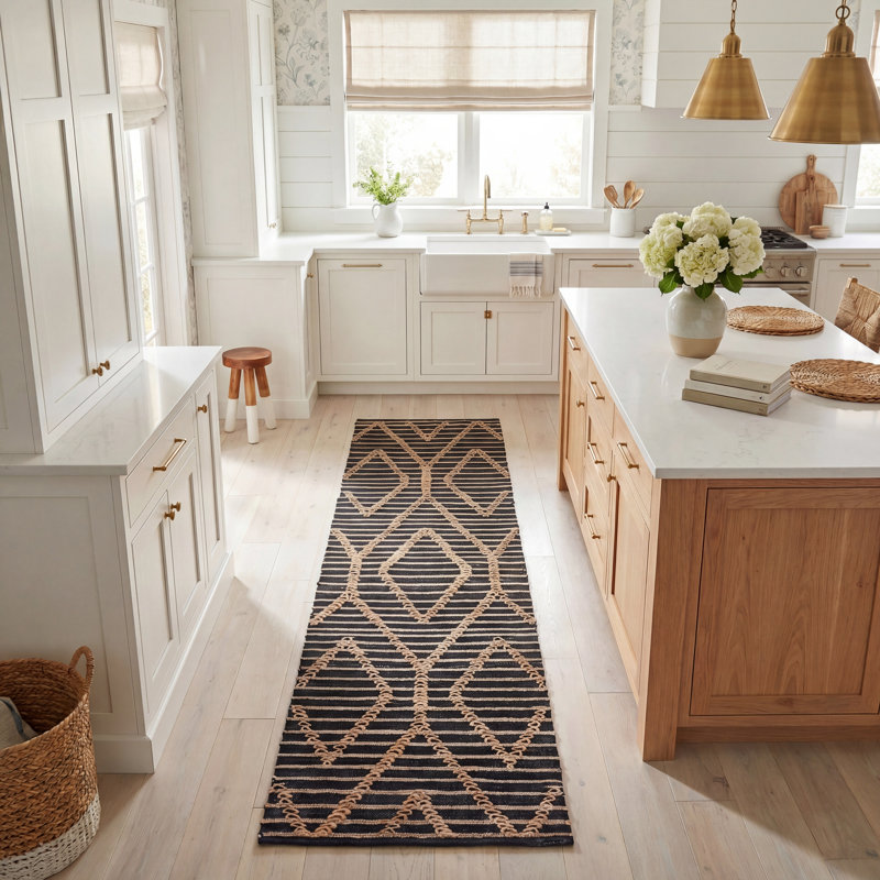 Natural Fiber Flat Weave Jute And Cotton Geometric Rug, Runner 2'3" x 8'