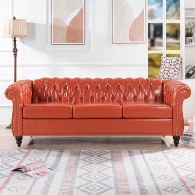 84.6" Faux Leather Upholstered Chesterfield Sofa Tufted Rolled-Arm 3-Seater Couch with Solid Wood Legs