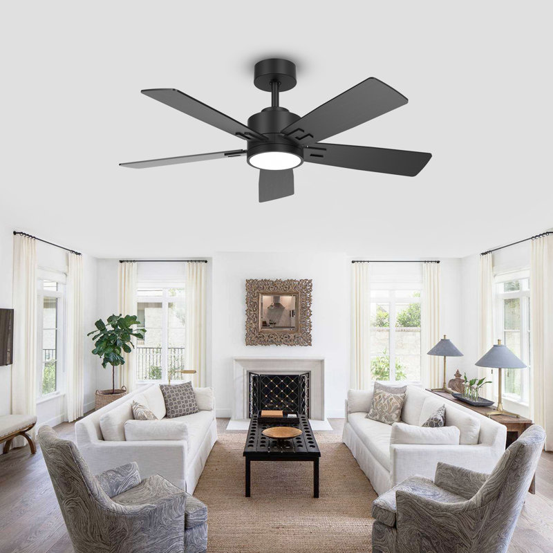 Smart 5 Blade Ceiling Fan With Integrated Light, Modern Indoor Design For Living Room, Bedroom And Dining Areas, 42", Black