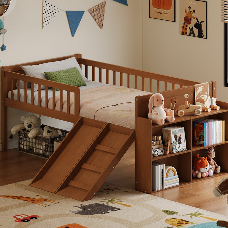Structure de lit simple avec tablette de rangement, garde-corps plateforme, noyer, glissade et, sans sommier, guide d'assemblage inclus Démontage facile