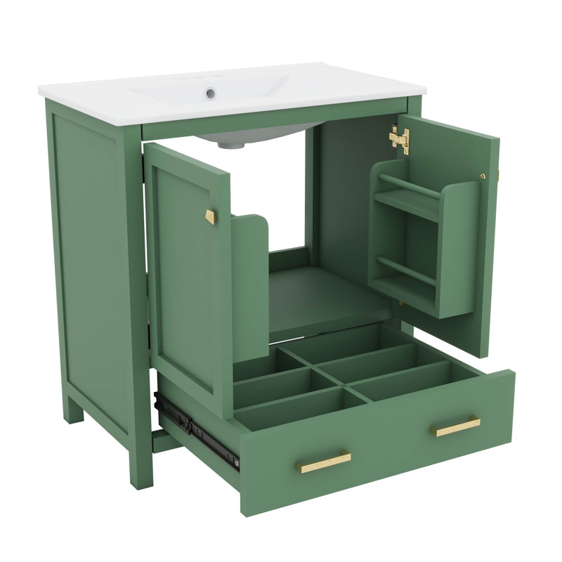 Ensemble de meuble-lavabo élégant avec lavabos en céramique et tiroirs cloisonnés, Vert, 30", Ensemble central de 4 po