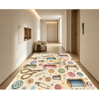 Tapis à thème de couture, motif ciseaux et bobines vintage, toucher agréable, envers antidérapant, charmant élément de décoration intérieure pour atelier de couture, chambre, salon, couloir, cuisine, appartement