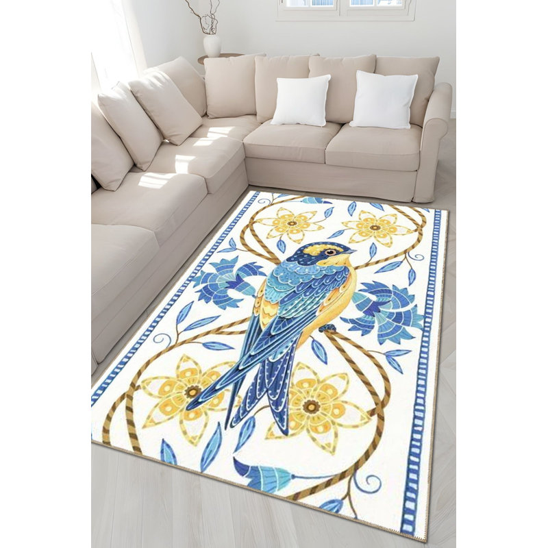 Tapis jaune lavable à motif floral jaune et hirondelle, Tapis de couloir 2 pi 6 po x 9 pi 10 po inclus