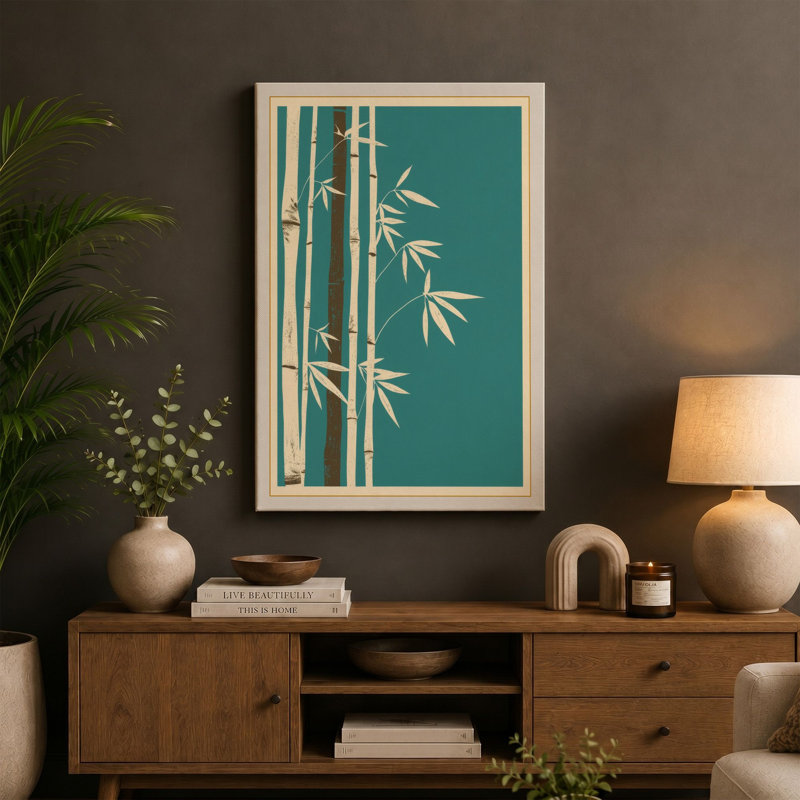 Bamboo in Teal Japandi - Wrapped Canvas, 30x20 - 76.2 x 50.8 cm, Cream Border