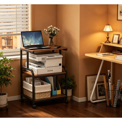 3-Tier Rolling Printer Cart with Height Adjustable Shelf, Industrial Style for Home Office Storage