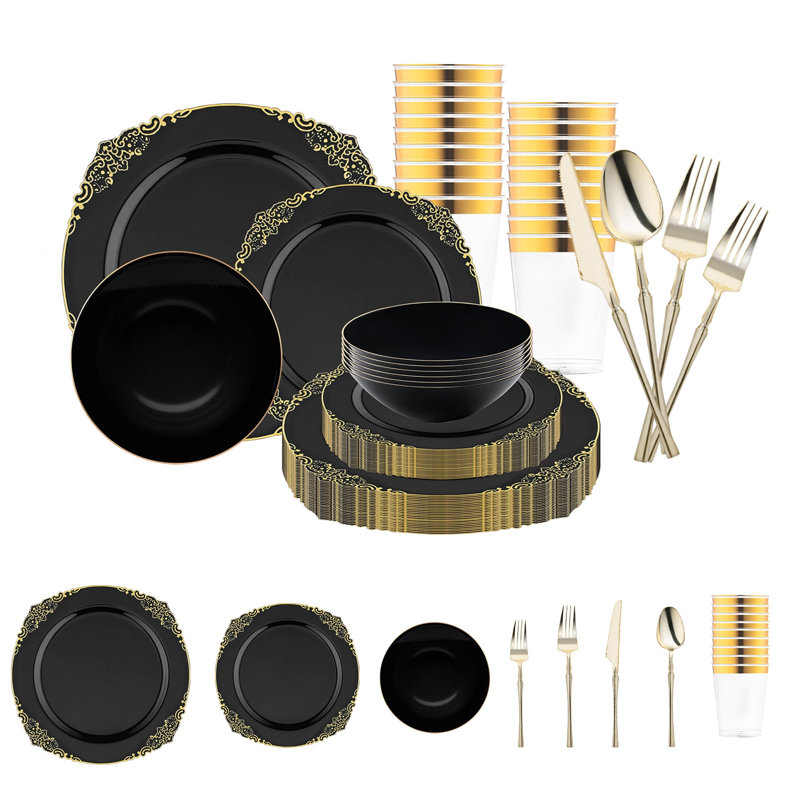 Black with Gold Fancy Round Disposable Plastic Tableware Set - 60 Settings