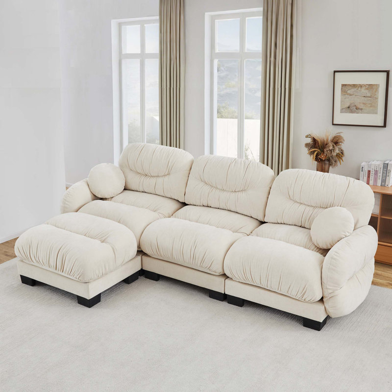 Canapé modulaire confortable en tissu de chenille plissé avec mousse ergonomique haute densité et configuration en L flexible
