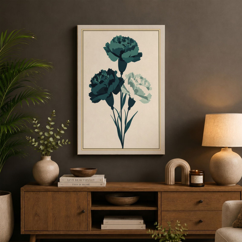 Carnations in Teal and Cream Botanical - Wrapped Canvas, 36x24 - 91.4 x 61.0 cm, Teal Border