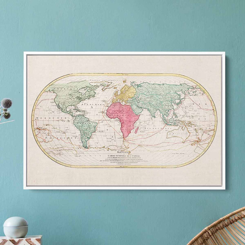Vivier multicolore carte du monde, art sur toile, toile sur toile, H 30 po x l 40 po, Cadre flottant blanc
