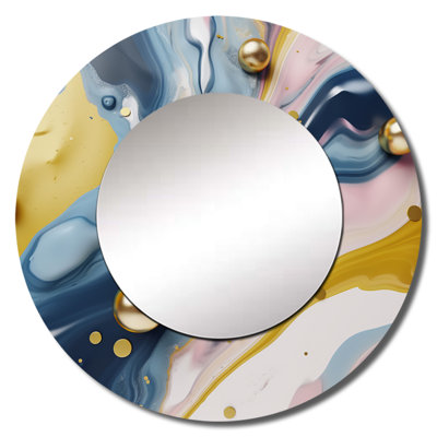 Pao Yellow And Blue Fluid Stone IV - Marble Large Wall Mirror, Modern Round Unique Mirror, Printed Metal Art