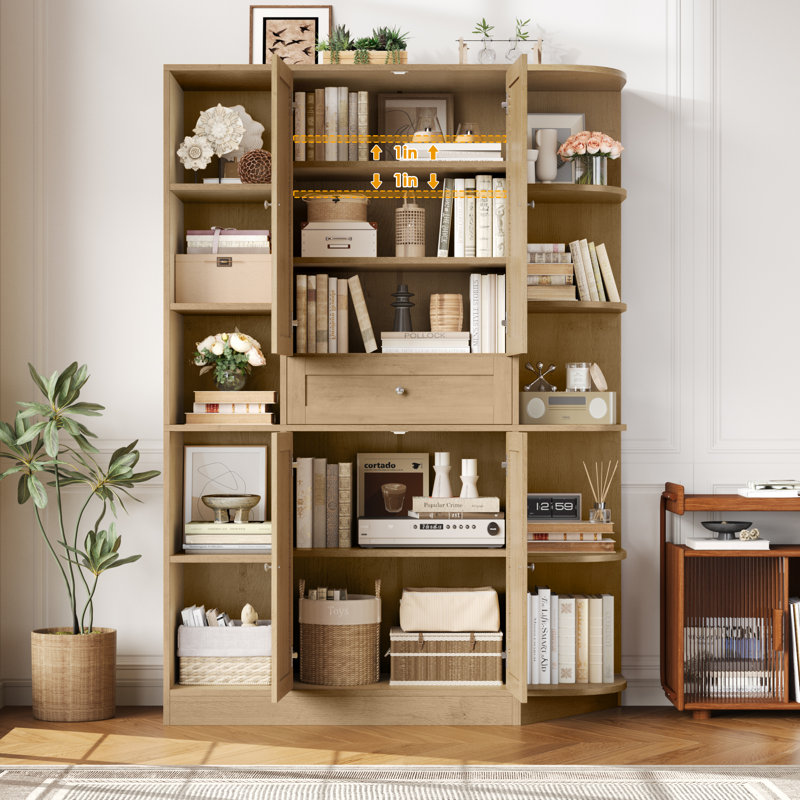 70.9'' H Bookcase, Storage Cabinet With 10 Open Shelves & Center Drawer, Oak
