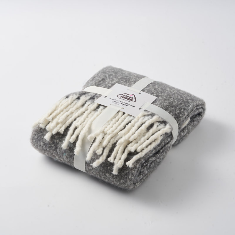 Faux Mohair Throw - Soft Fringed Blanket, Grey