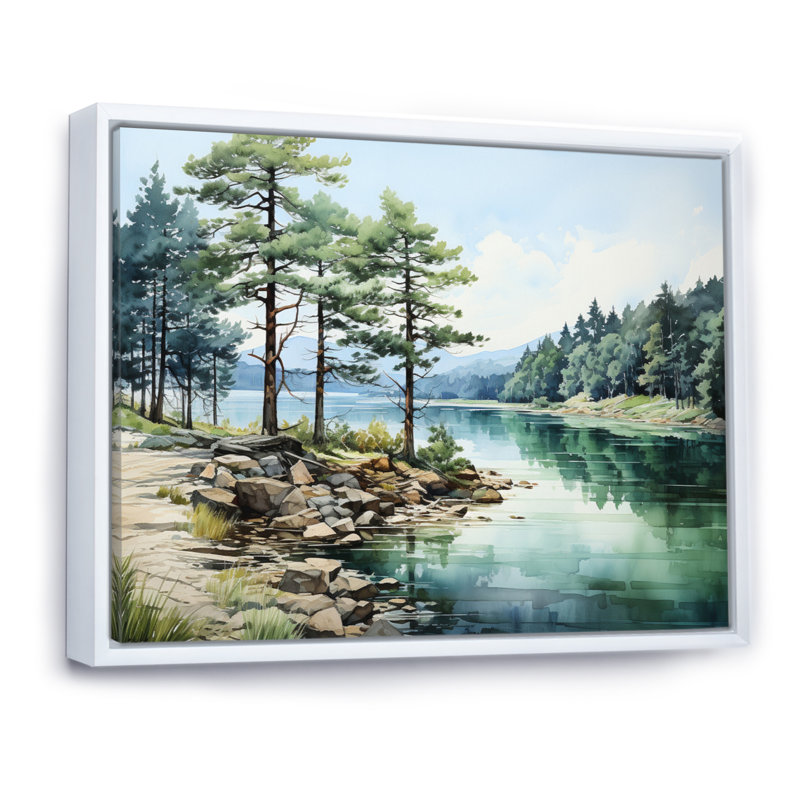 Pine Tree Reflections II - Reproduction d'art mural pin, Cadre flottant blanc, H 12 po x l 20 po x P 1 po