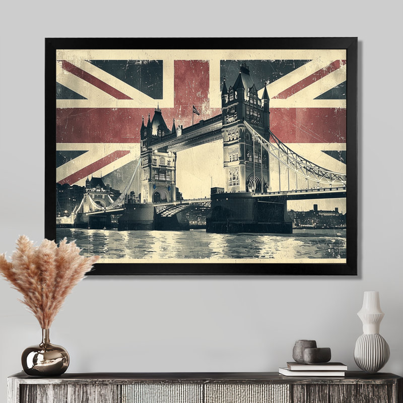 Décoration murale rétro, lumières de pont sur le drapeau du Royaume-Uni, Angleterre, Reproduction encadrée d'une seule photo
