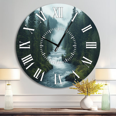 Morning Mist in the Vancouver Mountains - Green Landscape Metal Wall Clock