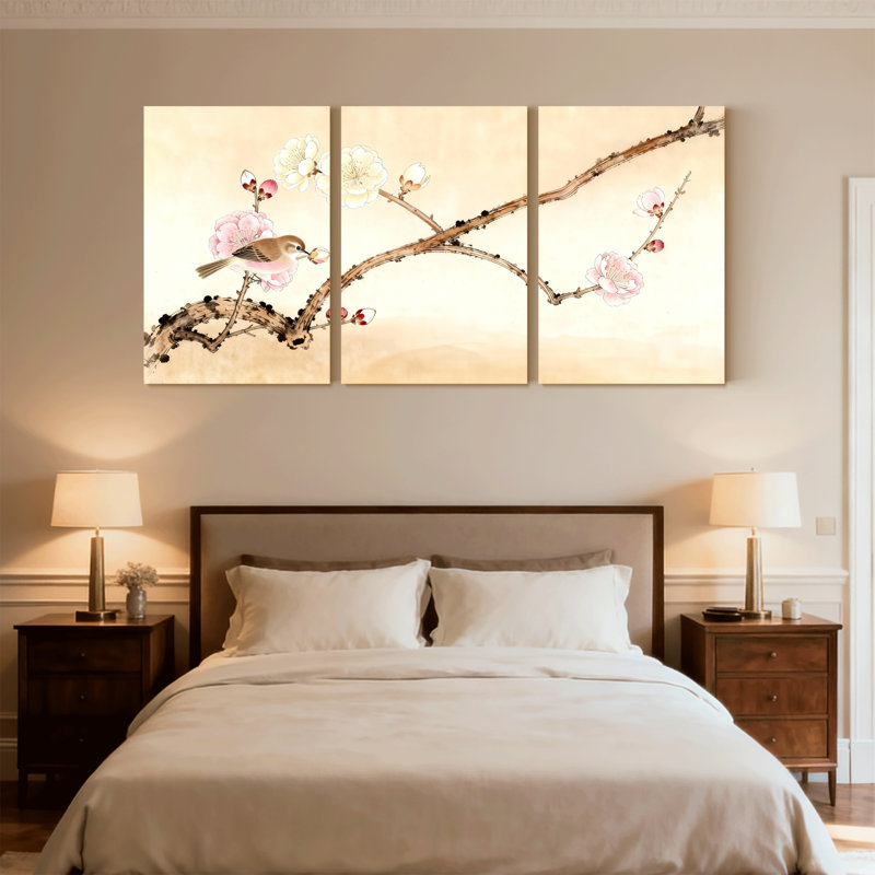 «Birds Bird on Plum Blossom Branch», ensemble de 3 impressions sur toile, H 18 po x l 36 po