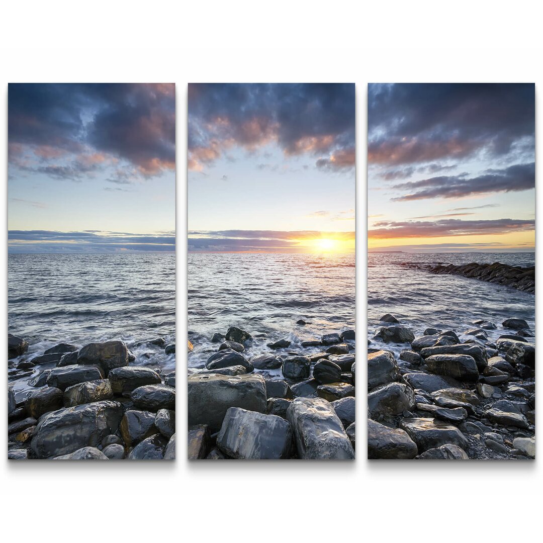 3-tlg. Leinwandbilder-Set Steinstrand bei Sonnenuntergang