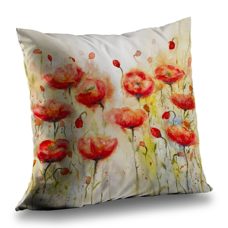 Red Flowers Garden Throw Pillow - Romantic Botanical – Poly Twill Throw Pillow with Insert, Double-Sided Print