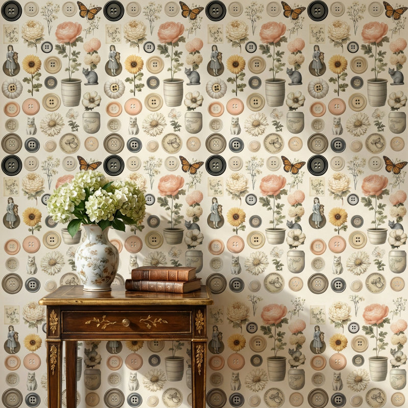 Papier peint floral rétro avec motif de papillons éclectiques, Texturé non collé