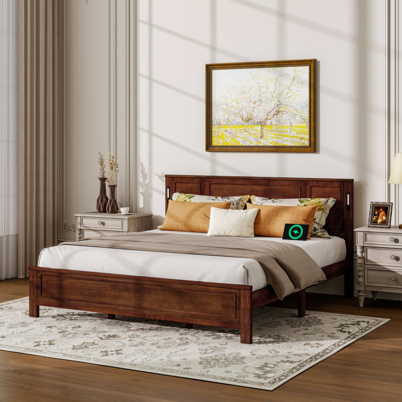 Style King Bed With Walnut Color, Headboard, Built-In Led, Charging, 10 Slats And Storage Area Pinewood Construction, Under Compartment