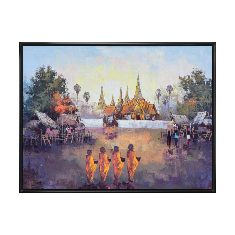Paysage de vie bouddhiste asiatique rétro - peinture sur toile, H 12 po x l 20 po x P 1 po, Cadre flottant noir